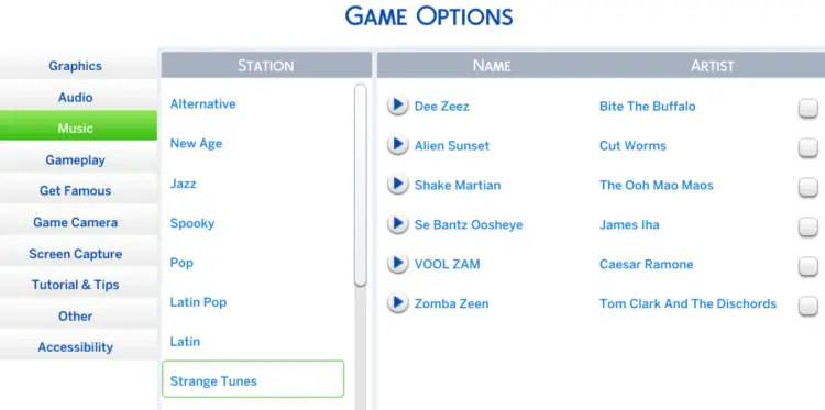 sims 4 opciones de juego música