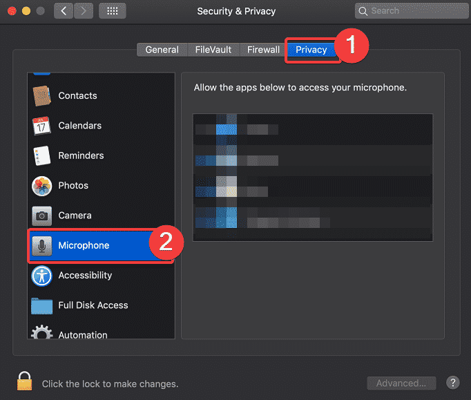 configuración de privacidad del micrófono macbook