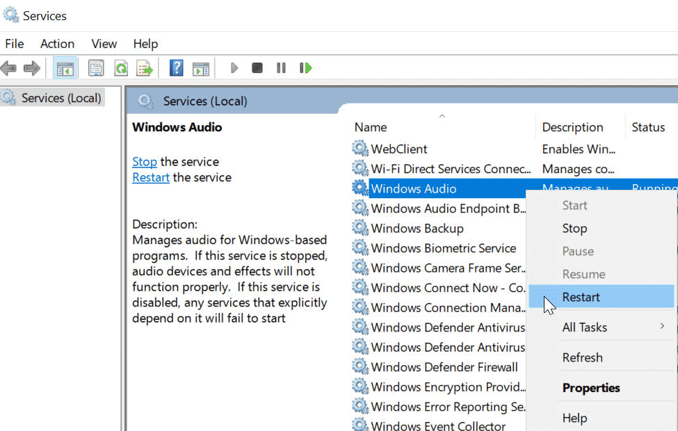 reiniciar el servicio de audio de Windows