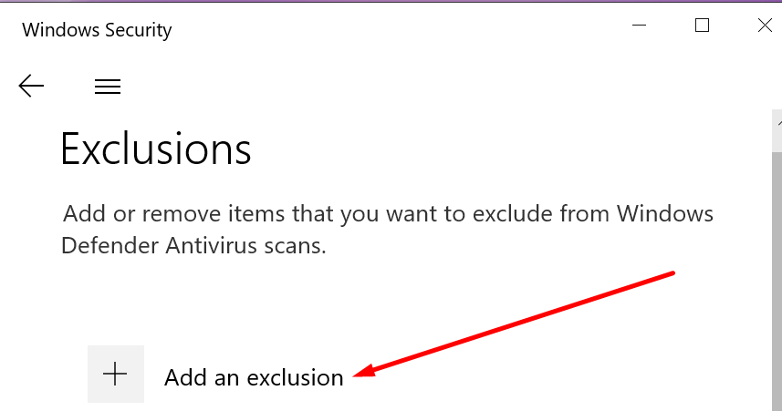 seguridad de Windows añadir un botón de exclusión